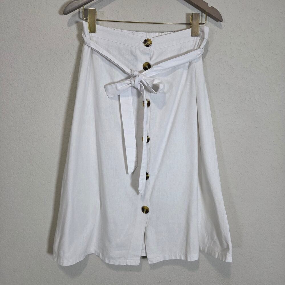 Metrowear White Skirt Womens M L Linen Blend Button Front Tie Belt Summer